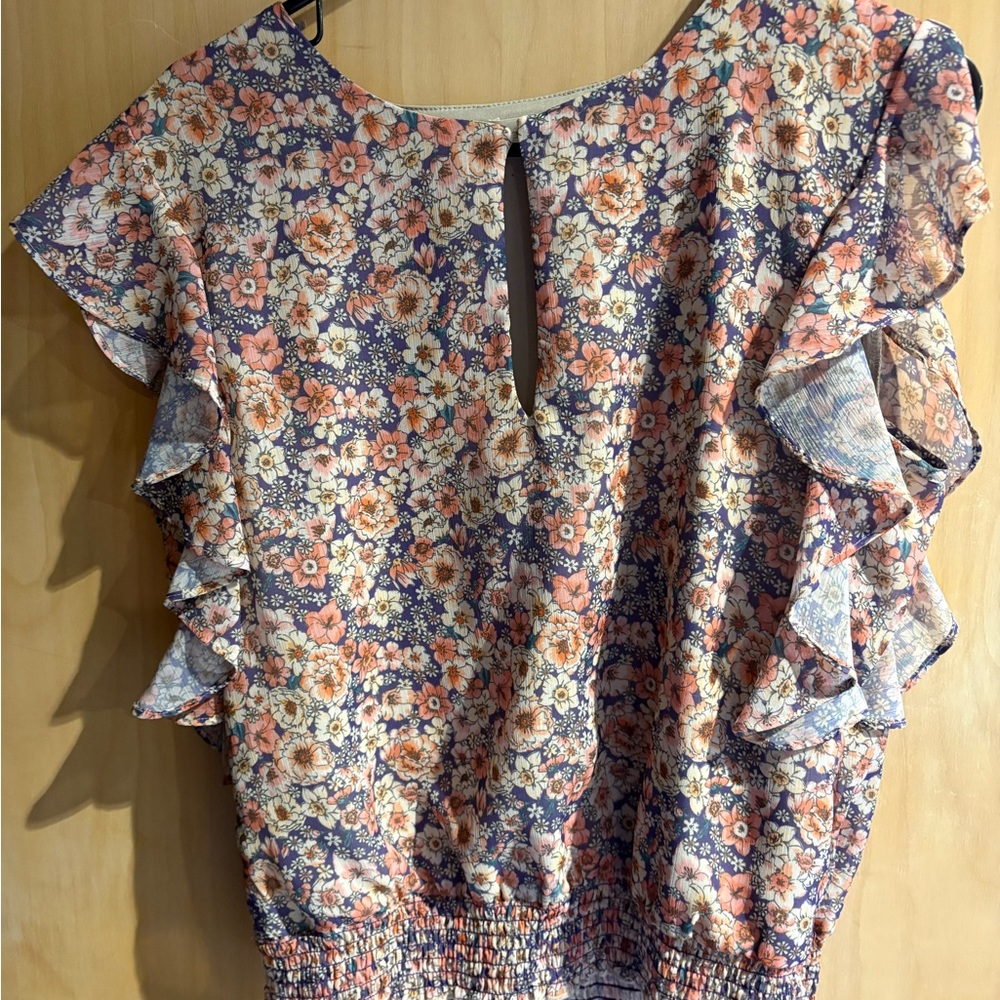 nine britton Floral Ruffle Sleeve Blouse in Blue & Pink